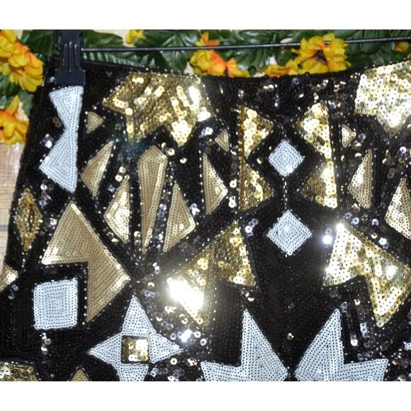 NWT Main Strip Full Sequin Black Gold Geometric Mini Skirt Size L Sexy Night Out - Picture 3 of 11